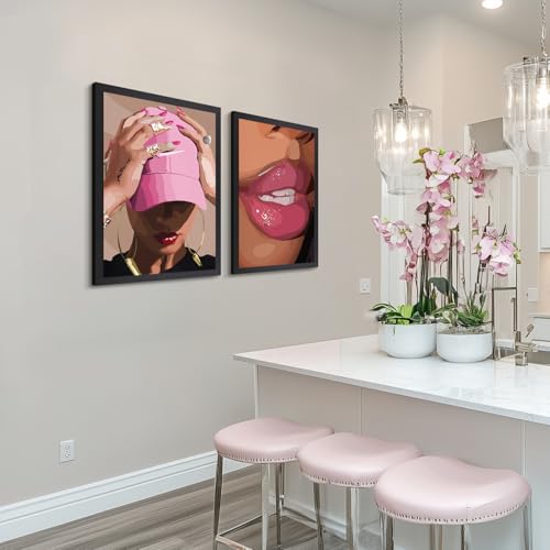Hianan Wood Framed Fashion Pink Black Girl Wall Art Set of 3, 16x24 in - color: Pink(Wood), size: 24"L x 16"W