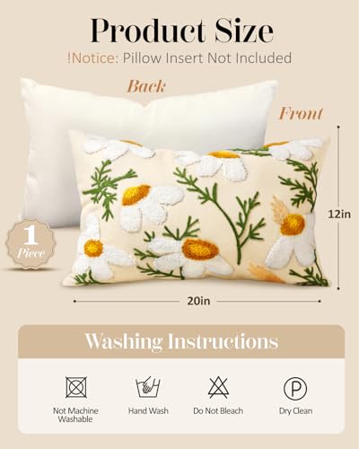 Embroidered Throw Pillow Cover, 20x12 Inch, Daisy - color: Daisy, size: 20" x 12" (Pack of 1)
