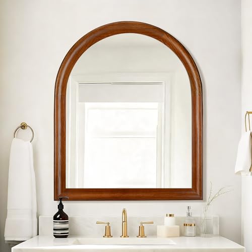 Tanmicoshomy 30x36 Inch Arched Mirror, Brown Wood Rustic Bathroom Mirrors - color: Brwon, size: 36"L x 30"W