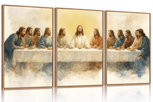 FWIEXA Jesus Last Supper Canvas Wall Art Set 3, Framed Easter Christian Decor Painting, Religious Boho Prints , Bible Watercolor Artwork, 24x36In Verse Scripture Pictures for Living Room,Bedroom,Prayer Room - color: Last Supper, size: 24"L x 36"W