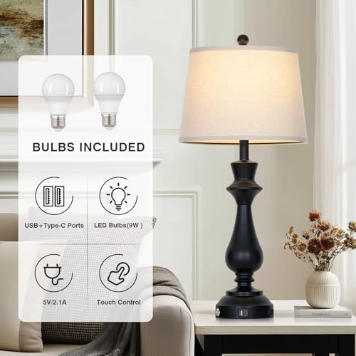 Cinkeda Touch Lamps for Night Stands Set of 2-29.5" Tall Bedside Lamp with USB C+A, 3 Way Dimmable Bedroom Lamps, Black Metal Table Lamps for Living Room - color: Black