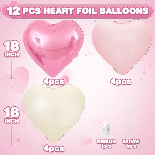 Pink White Heart Foil Balloons,12Pcs 18Inch Heart Shaped Balloons - color: Pink Cream