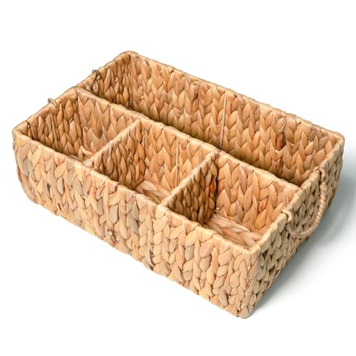 KOKODO Divided Storage Basket Woven Natural Basket Hyacinth for Organizing Bathroom Pantry Shelves Office Supplies Organization Everyday Wicker Storage Baskets 4 Section Rectangular Tray - size: 15.5x10.5x5.5