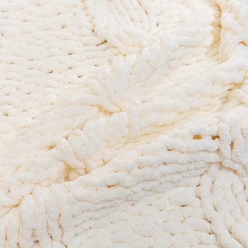 WESHIONGOO Chunky Knit Blanket Throw 50"×60" Knitted Throw Blankets for Couch Bed Fluffy Soft Blanket with Jumbo Chenille Yarn Thick 100% Handmade (Cream White) - color: Cream White, size: 50"x60"