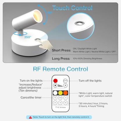 Olafus 2 Pack LED Wireless Spotlight Indoor with Timer/Remote, White - color: White