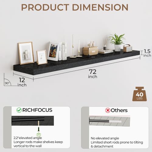 RICHFOCUS 72Inch Floating Shelves for Wall 2Pack|Black|12" Deep - color: Black, size: 72"L x 11.6"D, Set of 2