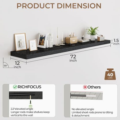 RICHFOCUS 72Inch Floating Shelves for Wall 2Pack|Black|12" Deep - color: Black, size: 72"L x 11.6"D, Set of 2