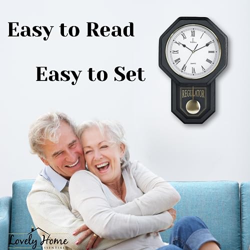 Pendulum Wall Clock, Real Wood Regulator Clock, Black, Quiet Non-Chiming - color: Black