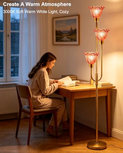 Glass Floor Lamp 66IN 3-Light Modern Red Glass Gold Dimmable Floor Lamps - color: Deep Red Flower-Gold