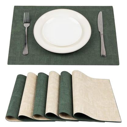SUEH DESIGN Leather Placemats Table Mats Set of 6, Dark Green and Beige - color: A: Dark Green & Beige