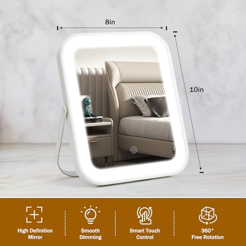 Rechargeable Vanity Mirror with Lights, 10"×8" Makeup Mirror with Lights, 1500mAH Battery, Smart Touch with 3-Color Lighting, Dimmable, HD Desk Mirror, Women Gift, Travel Essentials (White) - color: White, size: 10"L x 8"W