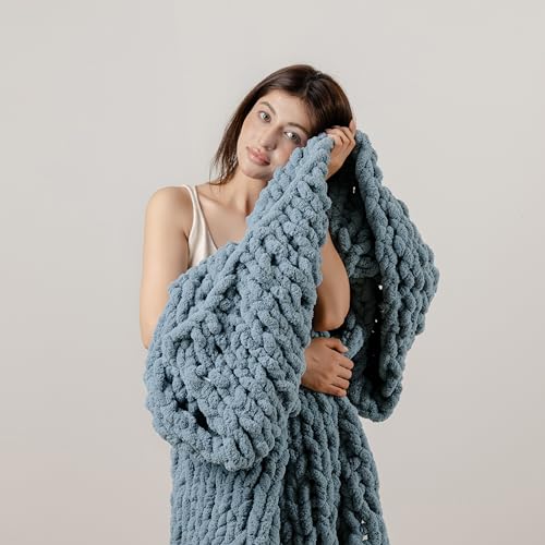 WESHIONGOO Chunky Knit Blanket Throw for Couch Bed 40"×40" Dusty Blue - color: Dusty Blue, size: 40"x40"(Small Size Throw)