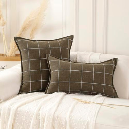Pure Linen Plaid Throw Pillow Covers 24x24, Set of 2, Khaki - color: Khaki, size: 24x24inch