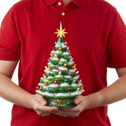 Casafield Hand Painted Ceramic Christmas Tree, Green Snow Flocked 15-Inch Pre-Lit Tree with 128 Multi-Color Lights and 2 Star Toppers - color: Green Snow Flocked