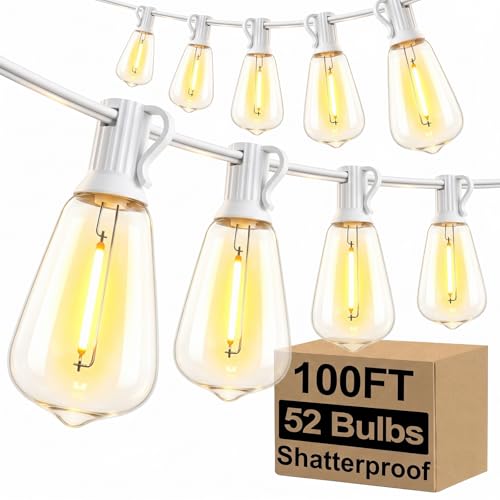Brightever 100FT Outdoor String Lights 52 Bulbs, Waterproof Patio Lights - color: White Wire Warm White, size: 100FT