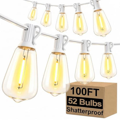 Brightever 100FT Outdoor String Lights 52 Bulbs, Waterproof Patio Lights - color: White Wire Warm White, size: 100FT