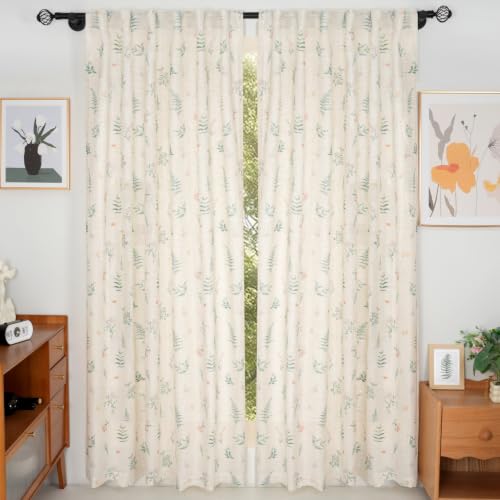 Green Leaf Floral Linen Curtains Semi Sheer Vintage Window Treatments for Living Room Bedroom Back Tab Rod Pocket 52" W x 84" L, 2 Panels - size: 52"W x 84"L (Pack of 2)