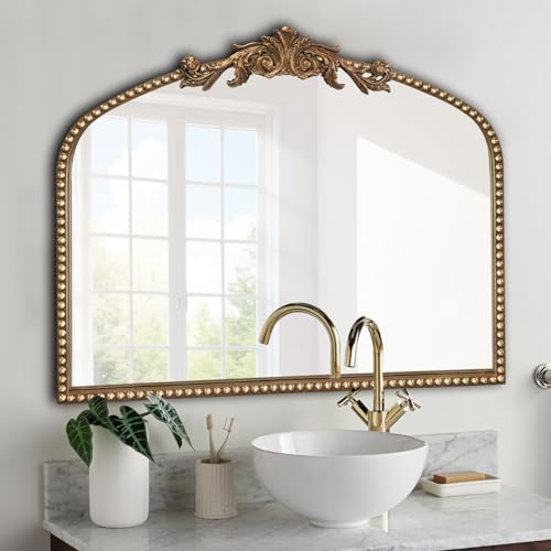 BAODANFU Baroque Arched Wall Mirror Entryway, Gold Vanity Mirror Decorative - size: 30"L x 36"W