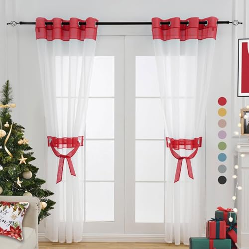 L.Z.E Red and White Sheer Curtains 84 Inches Long 2 Panels Set, Transparent Voile Window Drapes for Living Room & Dining Room with Classic Design, Elegant Grommet Curtain with Tieback - color: Red, size: 56"W x 84"L (Pack of 2)