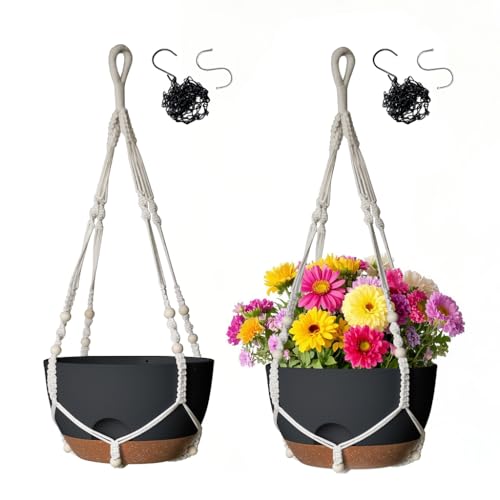 12 Inch Hanging Baskets for Plants Outdoor, Hanging Planters for Indoor Outdoor Plants, Hanging Planter with Self Watering, Hanging Flower Pots (Black Planter with Macrame + Iron Hangers) - color: Black Planter With Macrame + Iron Hangers, size: 12 Inch