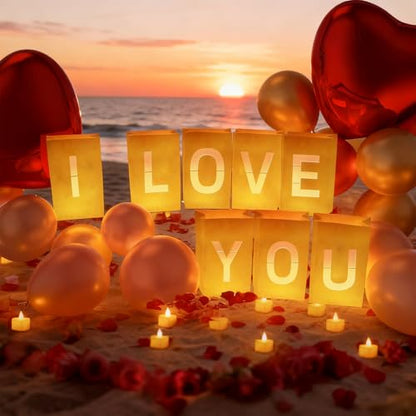 I Love You Decorations – Surprise Set with Light Up Letters, 30 Tea Light Candles, 2000 Rose Petals, 10 Balloons – Luminary Bags for Couples & Romantic Moments - style: I Love You