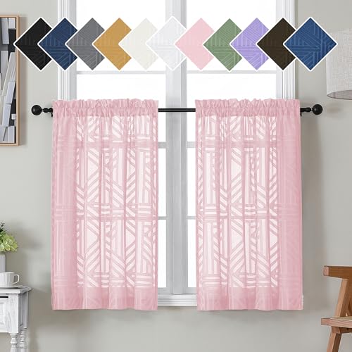Simplebrand Blush Sheer Kitchen Curtains 36 Inch Length Tier Curtains 2 Panels, Light Filtering Geometric Jacquard Clip Textured Semi Sheer Short Window Curtains for Bathroom, 42x36 inch - color: Blush, size: 42"W x 36"L (Pack of 2)