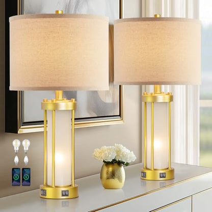RORIA Modern Table Lamps for Living Room Set of 2 with 2 USB Ports - color: Gold