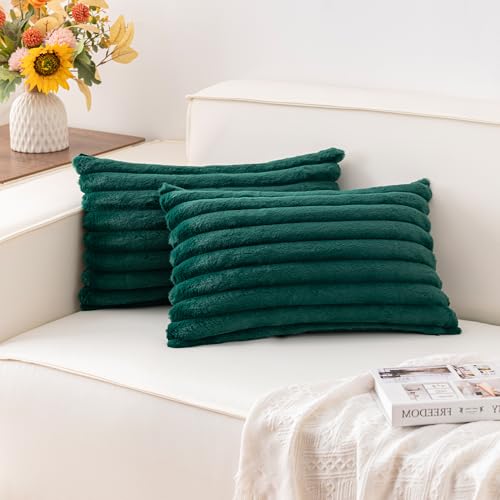 Pack of 2 Faux Fur Christmas Throw Pillow Covers 12x20 Inch, Blackish Green - color: Blackish Green, size: 20" x 12" (Pack of 2)