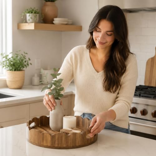 AnyDesign Brown Wooden Scalloped Serving Tray with Handles, 12.6 Inch