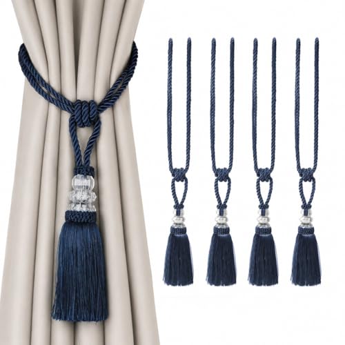BEL AVENIR 4 Pack Curtain Tiebacks Hand-Woven Holdbacks Tassels Tiebacks - color: Navy, size: 4 Pack
