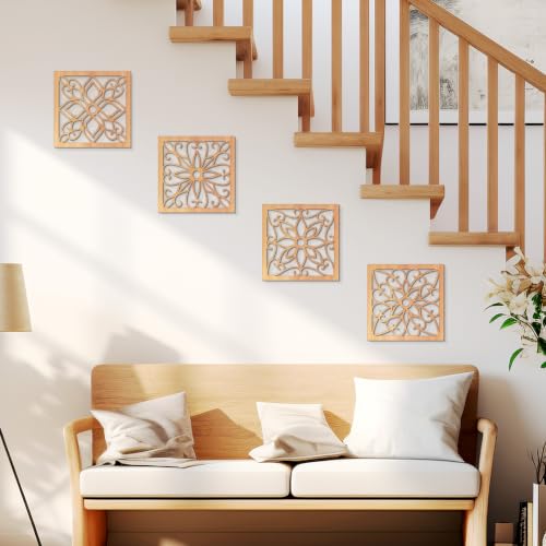 KOYILTD 4 Pcs Thicken Wooden Wall Art Rustic Farmhouse Flower Wall Art - color: Square, size: 8.2in