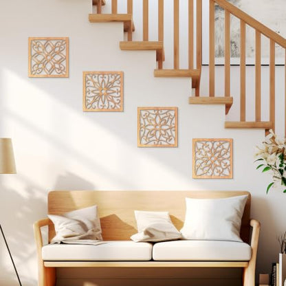 KOYILTD 4 Pcs Thicken Wooden Wall Art Rustic Farmhouse Flower Wall Art - color: Square, size: 8.2in
