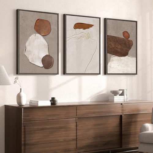 Large Framed Beige and Brown Neutral Abstract Wall Art, Set of 3, 20x30 In - color: Earthy, size: 20" W x 30" H x 3pcs
