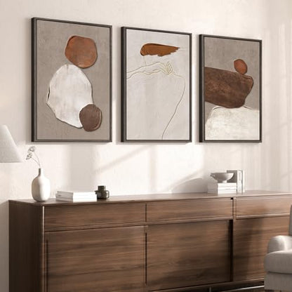 Large Framed Beige and Brown Neutral Abstract Wall Art, Set of 3, 20x30 In - color: Earthy, size: 20" W x 30" H x 3pcs