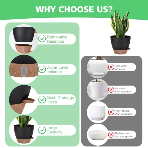 12" 10" 9" 8" Self Watering Pot for Indoor Plants, Large Plastic Planters Set with Water Level Indicator Deep Reservoir Tray, Bottom Watering Big Flower Pots with Mesh Drainage Hole - Black - color: Black