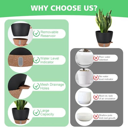 12" 10" 9" 8" Self Watering Pot for Indoor Plants, Large Plastic Planters Set with Water Level Indicator Deep Reservoir Tray, Bottom Watering Big Flower Pots with Mesh Drainage Hole - Black - color: Black