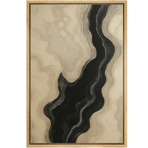 wall26 Framed Canvas Print Wall Art Topographic Inspired Abstract Line Black and Beige Contour Fine Art Decorative Farmhouse/Country Relax/Calm/Cozy Multicolor Zen for Bedroom - 24"x36" Natural - color: A37-2508-rya06, size: 36"L x 24"W