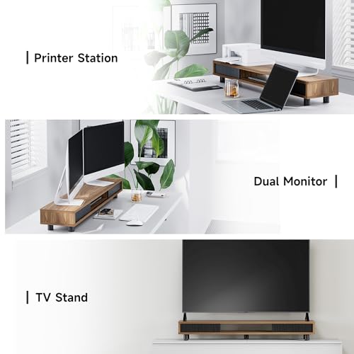 Fenge Dual Monitor Stand with Storage, Desk Shelf with Glass Sliding Door - color: Brown