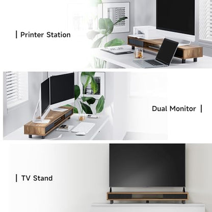 Fenge Dual Monitor Stand with Storage, Desk Shelf with Glass Sliding Door - color: Brown
