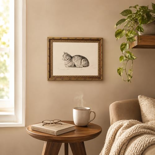 Kofeehic Vintage Gold Framed Cat Sketch Wall Art, Retro Aesthetic Feline Drawing Decor,Minimalist Animal Canvas Painting, Cat Lover Gifts for Living Room Bedroom Kitchen Bathroom 9X11in - color: Framed-Cat, size: 11"L x 9"W