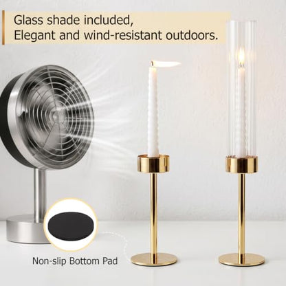 Gold Hurricane Taper Candle Holders,2 Sets(6 Pcs) Brass Candlestick Holders with Ribbed Glass Cylinder, Table Centerpiece Decor for Wedding, Party, Halloween,Christmas & Home Decoration