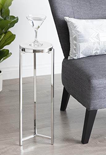 Kate and Laurel Aguilar Glam Round Drink Table, 8 x 8 x 23, Silver and White, Small Accent Table for Use as Plant Pedestal Stand with Marble Tabletop