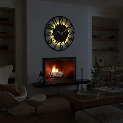 32" Silent Large Wall Clock – Glow Night Light, Battery Operated - color: Black Walnut - Arabic Numerals, size: 32 inch