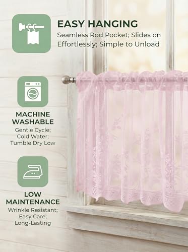 Molaxhome Kitchen Curtains Valance Pink Lace Floral Semi Sheer Curtain - color: Pink, size: 54"W x 35"L (Pack of 1)