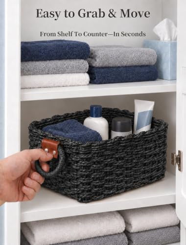 Small Wicker Baskets, 3 PCS Paper Rope Baskets for Shelves, Black - color: Black