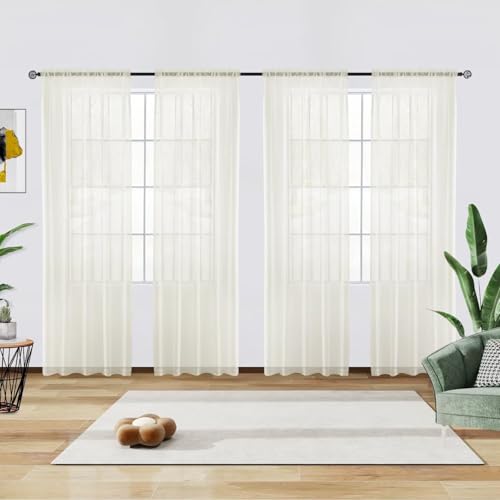 youleyar Solid Sheer Rod Pocket Curtain Voile Draperies 4 Panels Ivory Beige Black Grey Coffee 52 Inch Width 45 Inch Long 1 Pair for Kitchen Bedroom Children Living Room Yard(Ivory,52Wｘ45L) - color: Ivory, size: 52"W x 45"L (Pack of 4)