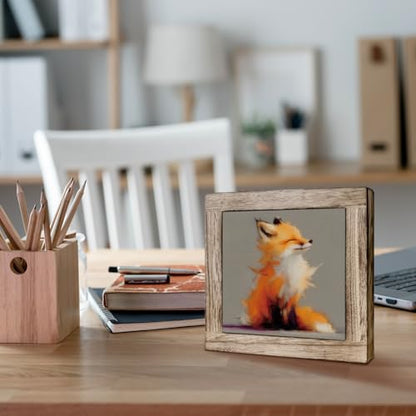 Fox Desk Decor Wooden Box Sign 5.9x5.9, Rustic Animal Oil Painting Style Tabletop Plaque, Cozy Woodland Shelf Counter Accent, Minimalist Housewarming Gift for Home