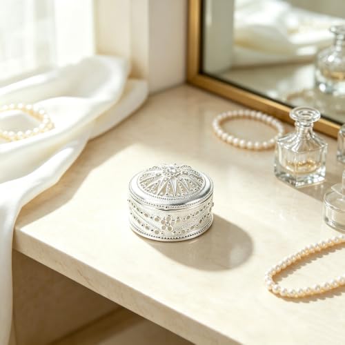 Silver Sunburst Rhinestone Round Jewelry Trinket Box - color: Silver_Round