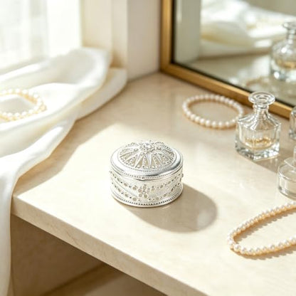 Silver Sunburst Rhinestone Round Jewelry Trinket Box - color: Silver_Round