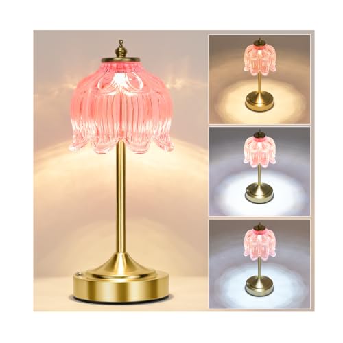 Pink Glass Flower Lamp, Rechargeable Cordless Table Lamp - color: Pink